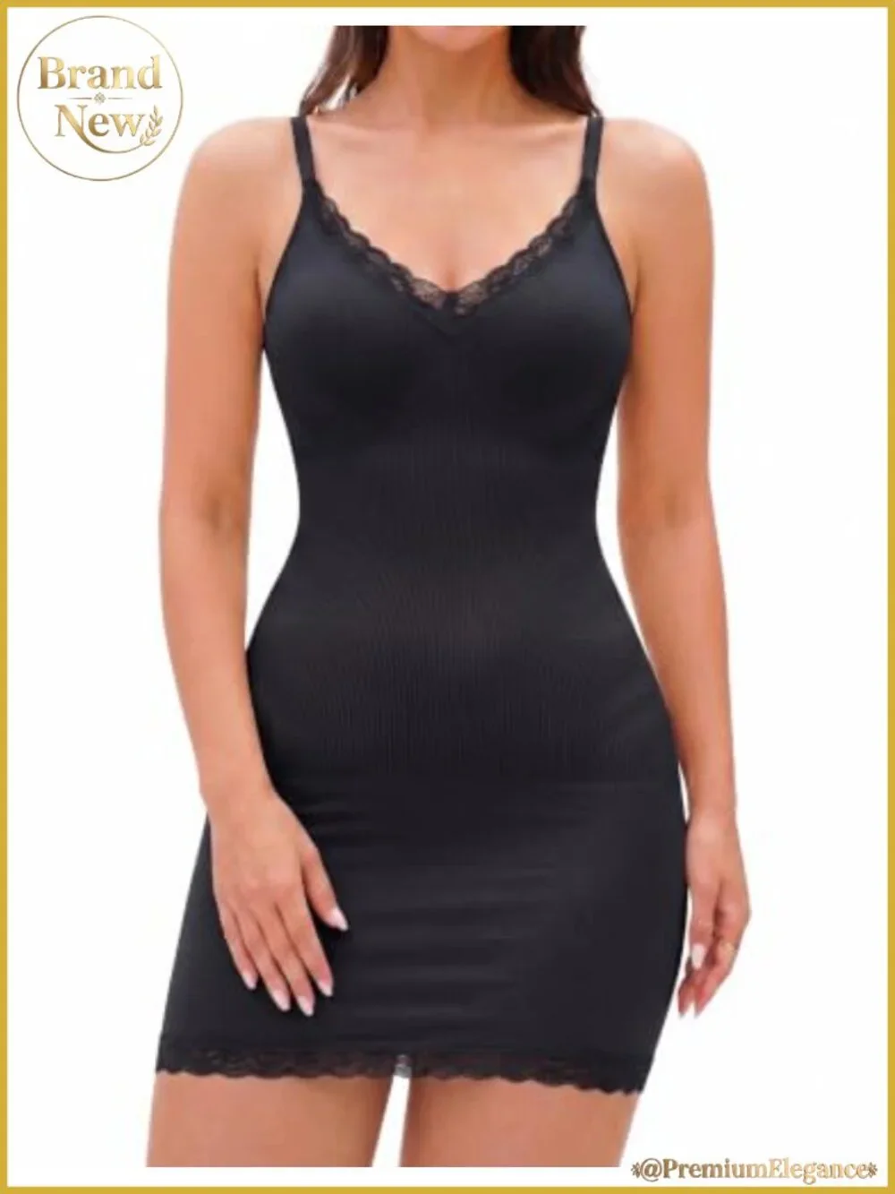 Shapewear Full Slip Dress V-Neck Lace Trim Adjustable Straps Nylon Spandex